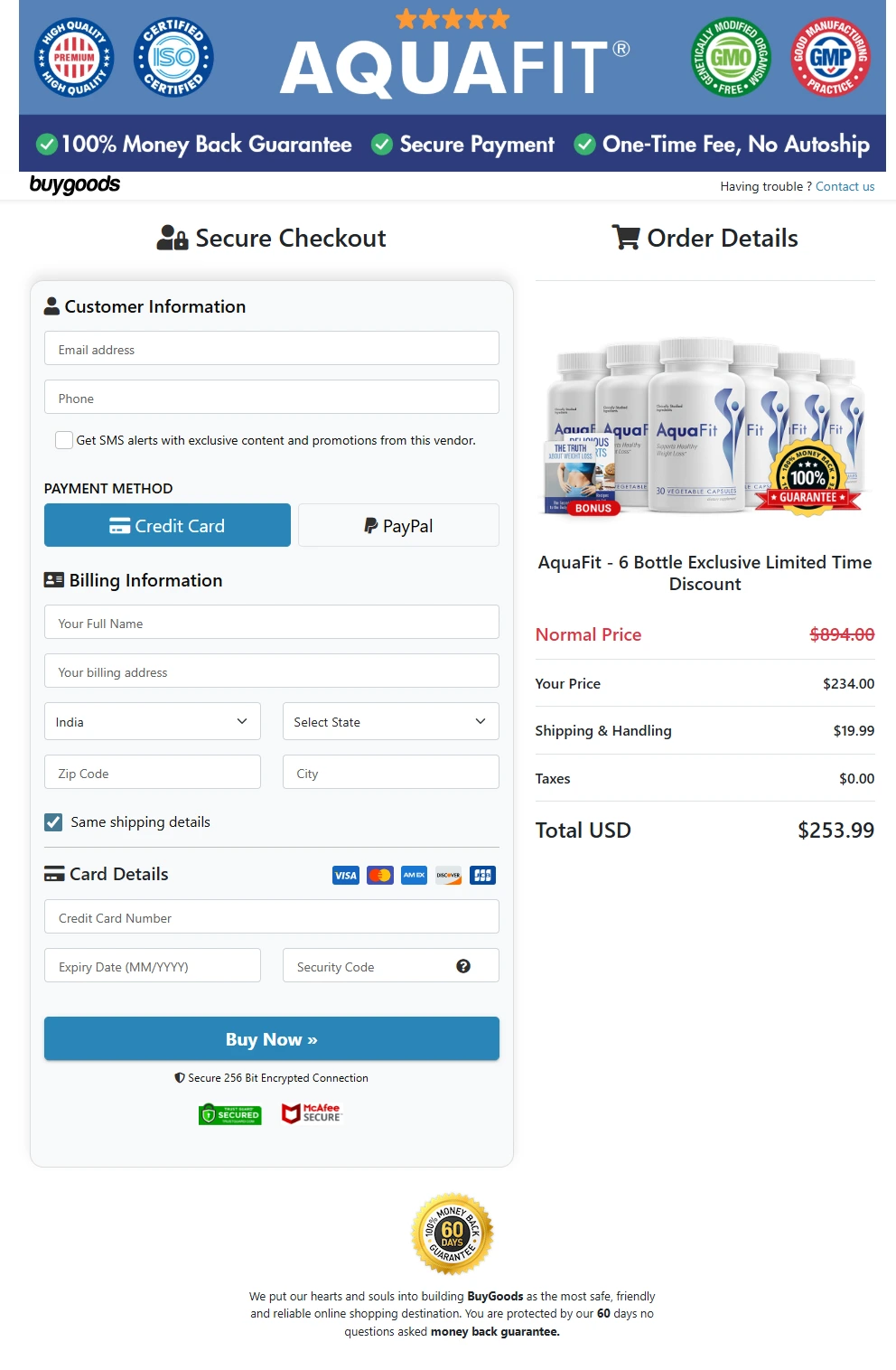 Aquafit secure checkout page